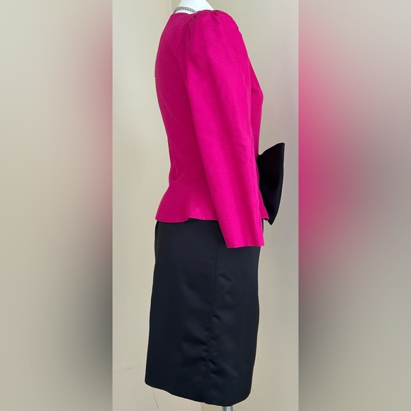 Vintage Black Satin Midi Skirt & Fuchsia Pink W Black Rose Bow Jacket Set NoTag. - Picture 4 of 16